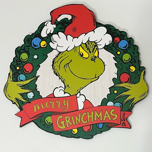 Dr. Seuss Other - Dr Seuss Merry Grinchmas Wood Christmas Grinch Wreath Wall Plaque Wall Decor
